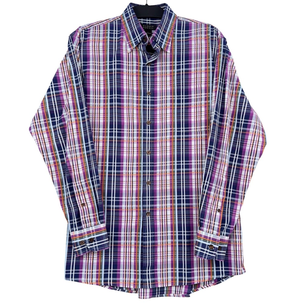 Harold Powell Plaid‎ Button Down Mens M 100% Cotton Purple Blue Orange